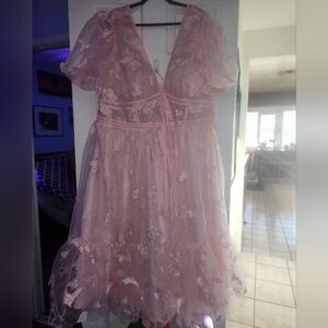 Ballet Pink Tea Length Tulle gown with butterfly embroidery, size 26 NWT